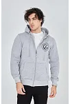 Erkek 3 İplik Pamuklu Fermuarlı Kapüşonlu Kanguru Cepli Baskılı Hoodie Hırka Sweatshirt -gri