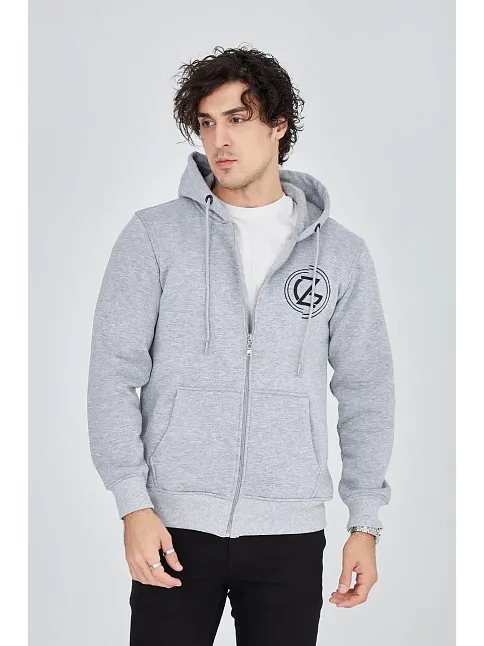 Erkek 3 İplik Pamuklu Fermuarlı Kapüşonlu Kanguru Cepli Baskılı Hoodie Hırka Sweatshirt -gri