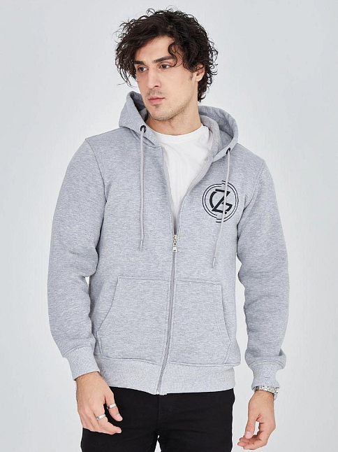 Erkek 3 İplik Pamuklu Fermuarlı Kapüşonlu Kanguru Cepli Baskılı Hoodie Hırka Sweatshirt -gri