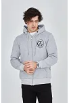 Erkek 3 İplik Pamuklu Fermuarlı Kapüşonlu Kanguru Cepli Baskılı Hoodie Hırka Sweatshirt -gri
