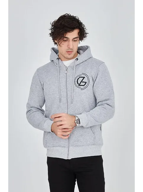Erkek 3 İplik Pamuklu Fermuarlı Kapüşonlu Kanguru Cepli Baskılı Hoodie Hırka Sweatshirt -gri