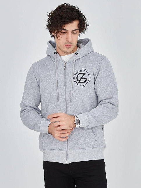 Erkek 3 İplik Pamuklu Fermuarlı Kapüşonlu Kanguru Cepli Baskılı Hoodie Hırka Sweatshirt -gri