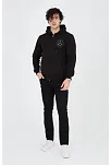 Erkek 3 İplik Pamuklu Fermuarlı Kapüşonlu Kanguru Cepli Baskılı Hoodie Hırka Sweatshirt - Siyah
