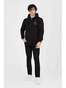 Erkek 3 İplik Pamuklu Fermuarlı Kapüşonlu Kanguru Cepli Baskılı Hoodie Hırka Sweatshirt - Siyah
