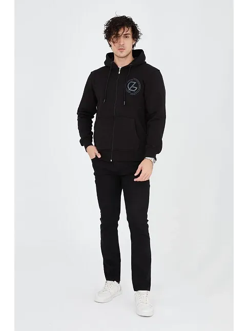 Erkek 3 İplik Pamuklu Fermuarlı Kapüşonlu Kanguru Cepli Baskılı Hoodie Hırka Sweatshirt - Siyah