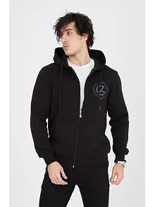 Erkek 3 İplik Pamuklu Fermuarlı Kapüşonlu Kanguru Cepli Baskılı Hoodie Hırka Sweatshirt - Siyah