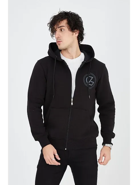 Erkek 3 İplik Pamuklu Fermuarlı Kapüşonlu Kanguru Cepli Baskılı Hoodie Hırka Sweatshirt - Siyah