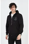 Erkek 3 İplik Pamuklu Fermuarlı Kapüşonlu Kanguru Cepli Baskılı Hoodie Hırka Sweatshirt - Siyah