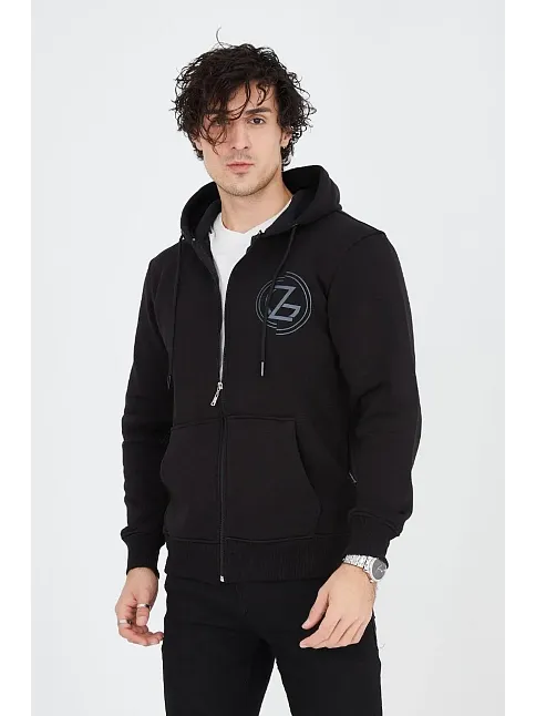 Erkek 3 İplik Pamuklu Fermuarlı Kapüşonlu Kanguru Cepli Baskılı Hoodie Hırka Sweatshirt - Siyah