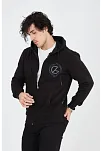 Erkek 3 İplik Pamuklu Fermuarlı Kapüşonlu Kanguru Cepli Baskılı Hoodie Hırka Sweatshirt - Siyah