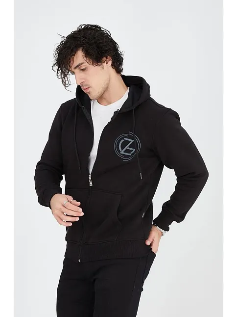 Erkek 3 İplik Pamuklu Fermuarlı Kapüşonlu Kanguru Cepli Baskılı Hoodie Hırka Sweatshirt - Siyah