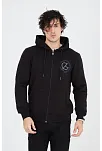 Erkek 3 İplik Pamuklu Fermuarlı Kapüşonlu Kanguru Cepli Baskılı Hoodie Hırka Sweatshirt - Siyah
