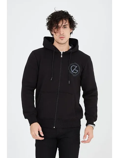 Erkek 3 İplik Pamuklu Fermuarlı Kapüşonlu Kanguru Cepli Baskılı Hoodie Hırka Sweatshirt - Siyah