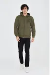 Erkek 3 İplik Pamuklu Fermuarlı Kapüşonlu Kanguru Cepli Baskılı Hoodie Hırka Sweatshirt - Yeşil