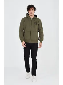 Erkek 3 İplik Pamuklu Fermuarlı Kapüşonlu Kanguru Cepli Baskılı Hoodie Hırka Sweatshirt - Yeşil