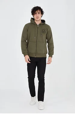 Erkek 3 İplik Pamuklu Fermuarlı Kapüşonlu Kanguru Cepli Baskılı Hoodie - Yeşil