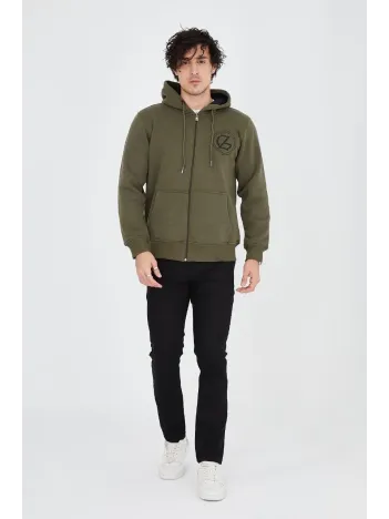Erkek 3 İplik Pamuklu Fermuarlı Kapüşonlu Kanguru Cepli Baskılı Hoodie Hırka Sweatshirt - Yeşil