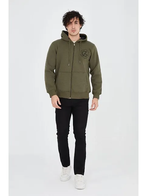 Erkek 3 İplik Pamuklu Fermuarlı Kapüşonlu Kanguru Cepli Baskılı Hoodie Hırka Sweatshirt - Yeşil