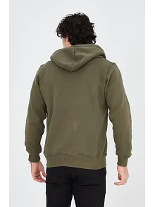 Erkek 3 İplik Pamuklu Fermuarlı Kapüşonlu Kanguru Cepli Baskılı Hoodie Hırka Sweatshirt - Yeşil