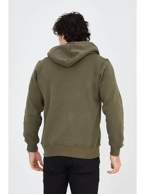 Erkek 3 İplik Pamuklu Fermuarlı Kapüşonlu Kanguru Cepli Baskılı Hoodie Hırka Sweatshirt - Yeşil