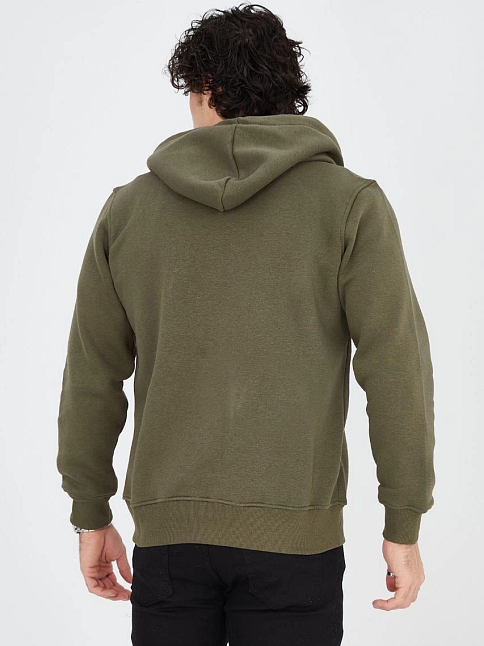 Erkek 3 İplik Pamuklu Fermuarlı Kapüşonlu Kanguru Cepli Baskılı Hoodie Hırka Sweatshirt - Yeşil