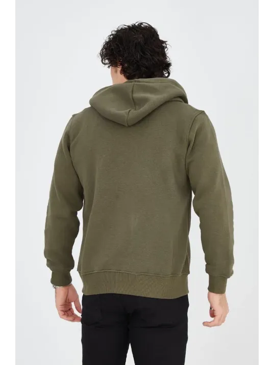Erkek 3 İplik Pamuklu Fermuarlı Kapüşonlu Kanguru Cepli Baskılı Hoodie Hırka Sweatshirt - Yeşil