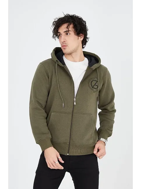 Erkek 3 İplik Pamuklu Fermuarlı Kapüşonlu Kanguru Cepli Baskılı Hoodie Hırka Sweatshirt - Yeşil