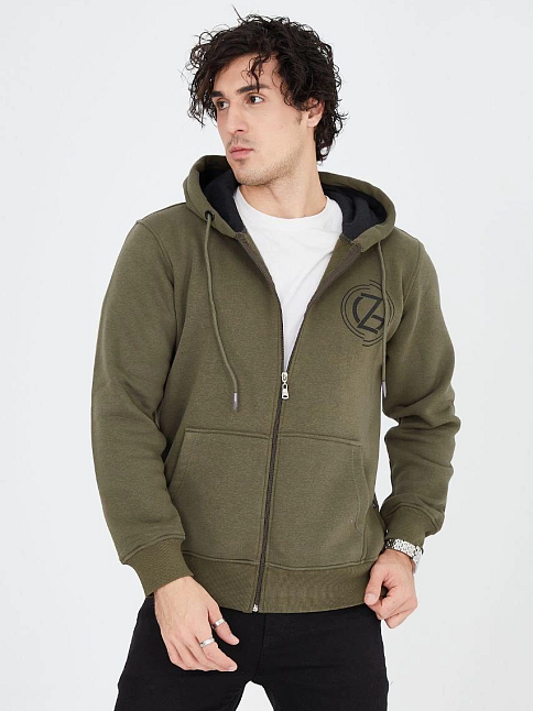 Erkek 3 İplik Pamuklu Fermuarlı Kapüşonlu Kanguru Cepli Baskılı Hoodie Hırka Sweatshirt - Yeşil