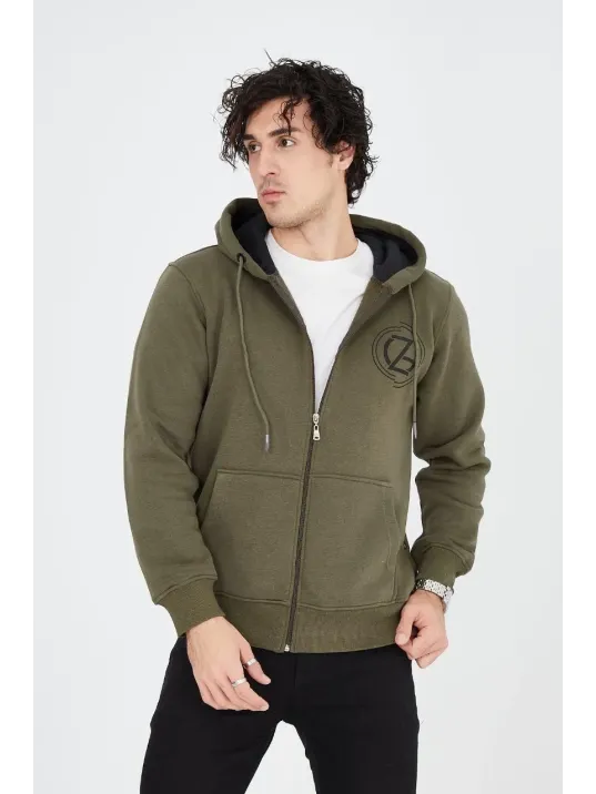 Erkek 3 İplik Pamuklu Fermuarlı Kapüşonlu Kanguru Cepli Baskılı Hoodie Hırka Sweatshirt - Yeşil