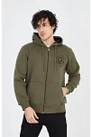 Erkek 3 İplik Pamuklu Fermuarlı Kapüşonlu Kanguru Cepli Baskılı Hoodie Hırka Sweatshirt - Yeşil