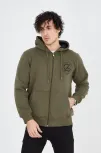 Erkek 3 İplik Pamuklu Fermuarlı Kapüşonlu Kanguru Cepli Baskılı Hoodie Hırka Sweatshirt - Yeşil