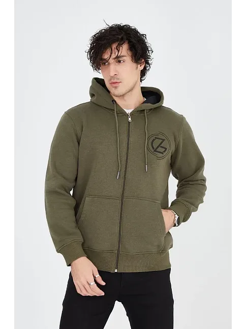 Erkek 3 İplik Pamuklu Fermuarlı Kapüşonlu Kanguru Cepli Baskılı Hoodie Hırka Sweatshirt - Yeşil