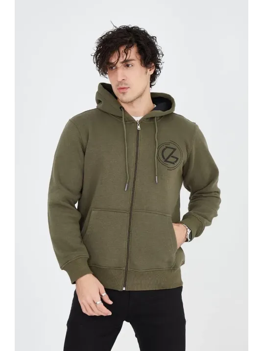 Erkek 3 İplik Pamuklu Fermuarlı Kapüşonlu Kanguru Cepli Baskılı Hoodie Hırka Sweatshirt - Yeşil