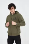Erkek 3 İplik Pamuklu Fermuarlı Kapüşonlu Kanguru Cepli Baskılı Hoodie Hırka Sweatshirt - Yeşil
