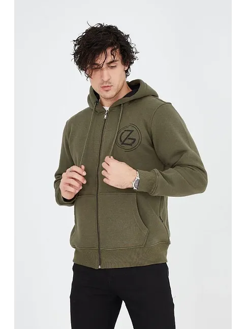 Erkek 3 İplik Pamuklu Fermuarlı Kapüşonlu Kanguru Cepli Baskılı Hoodie Hırka Sweatshirt - Yeşil