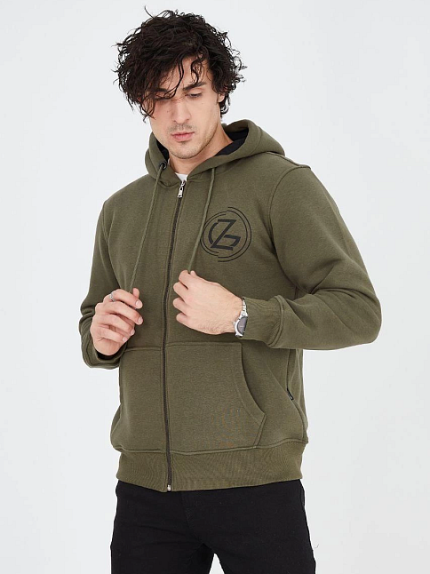 Erkek 3 İplik Pamuklu Fermuarlı Kapüşonlu Kanguru Cepli Baskılı Hoodie Hırka Sweatshirt - Yeşil