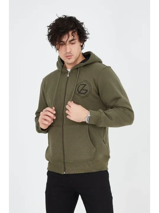 Erkek 3 İplik Pamuklu Fermuarlı Kapüşonlu Kanguru Cepli Baskılı Hoodie Hırka Sweatshirt - Yeşil