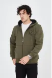 Erkek 3 İplik Pamuklu Fermuarlı Kapüşonlu Kanguru Cepli Baskılı Hoodie Hırka Sweatshirt - Yeşil