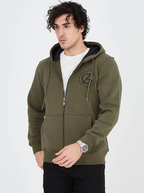 Erkek 3 İplik Pamuklu Fermuarlı Kapüşonlu Kanguru Cepli Baskılı Hoodie Hırka Sweatshirt - Yeşil