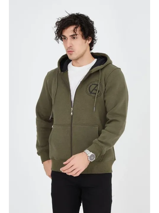 Erkek 3 İplik Pamuklu Fermuarlı Kapüşonlu Kanguru Cepli Baskılı Hoodie Hırka Sweatshirt - Yeşil