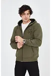 Erkek 3 İplik Pamuklu Fermuarlı Kapüşonlu Kanguru Cepli Baskılı Hoodie Hırka Sweatshirt - Yeşil