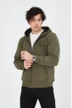 Erkek 3 İplik Pamuklu Fermuarlı Kapüşonlu Kanguru Cepli Baskılı Hoodie Hırka Sweatshirt - Yeşil