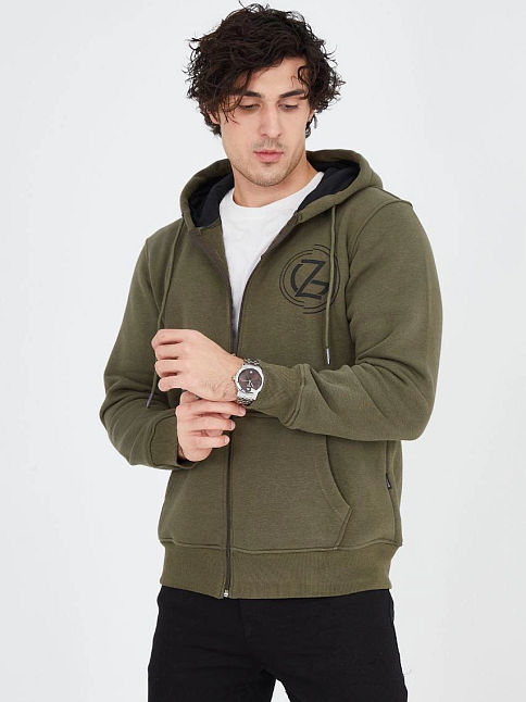 Erkek 3 İplik Pamuklu Fermuarlı Kapüşonlu Kanguru Cepli Baskılı Hoodie Hırka Sweatshirt - Yeşil