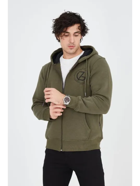 Erkek 3 İplik Pamuklu Fermuarlı Kapüşonlu Kanguru Cepli Baskılı Hoodie Hırka Sweatshirt - Yeşil