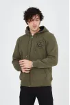Erkek 3 İplik Pamuklu Fermuarlı Kapüşonlu Kanguru Cepli Baskılı Hoodie Hırka Sweatshirt - Yeşil