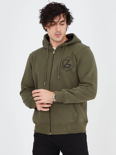 Erkek 3 İplik Pamuklu Fermuarlı Kapüşonlu Kanguru Cepli Baskılı Hoodie Hırka Sweatshirt - Yeşil