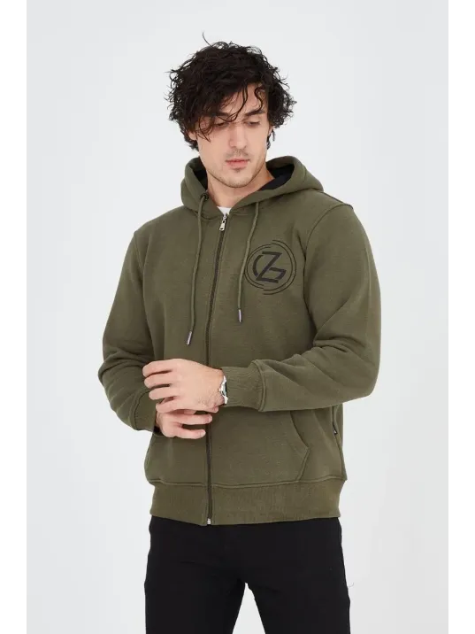 Erkek 3 İplik Pamuklu Fermuarlı Kapüşonlu Kanguru Cepli Baskılı Hoodie Hırka Sweatshirt - Yeşil