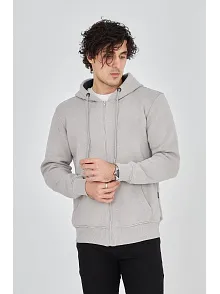 Erkek 3 İplik Pamuklu Fermuarlı Kapüşonlu Kanguru Cepli Hoodie Hırka Sweatshirt - Boyalı Gri
