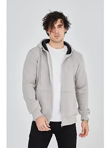 Erkek 3 İplik Pamuklu Fermuarlı Kapüşonlu Kanguru Cepli Hoodie Hırka Sweatshirt - Boyalı Gri