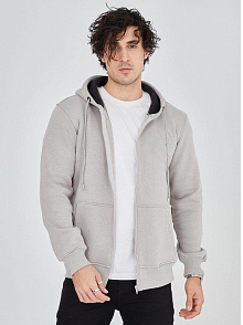 Erkek 3 İplik Pamuklu Fermuarlı Kapüşonlu Kanguru Cepli Hoodie Hırka Sweatshirt - Boyalı Gri